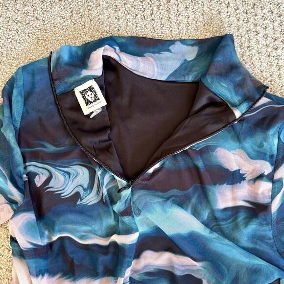 ANNE KLEIN ZIP BLOUSE BLUE MULTI MESH STRETCH SMALL LONG SLEEVE TURTLENECK - Picture 7 of 11